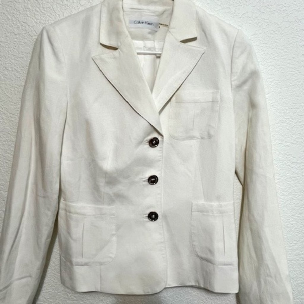 Calvin Klein Linen Blend Jacket And Pants Set- Size 6- Off White Resortcore